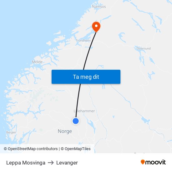 Leppa Mosvinga to Levanger map