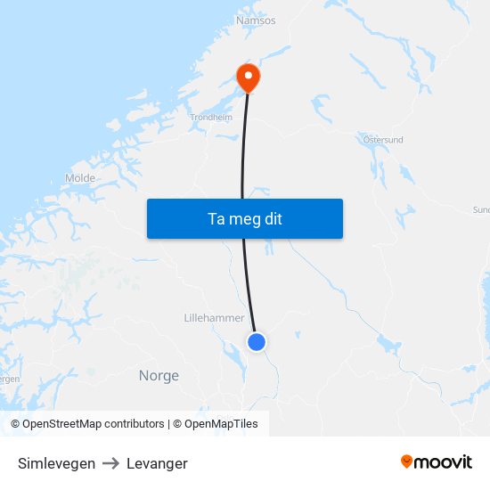 Simlevegen to Levanger map