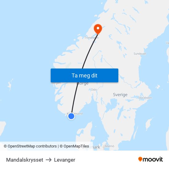 Mandalskrysset to Levanger map