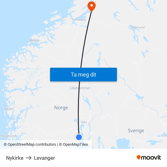 Nykirke to Levanger map
