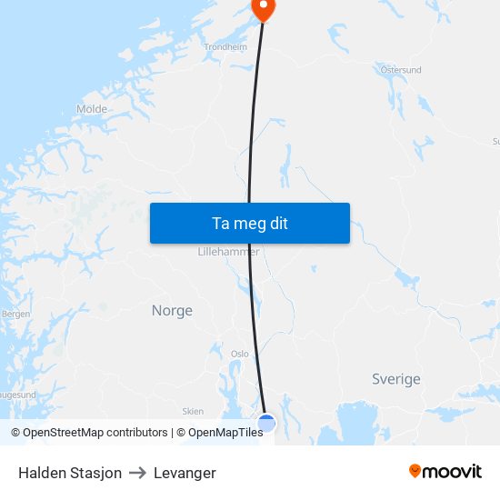 Halden Stasjon to Levanger map