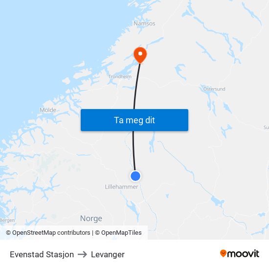 Evenstad Stasjon to Levanger map