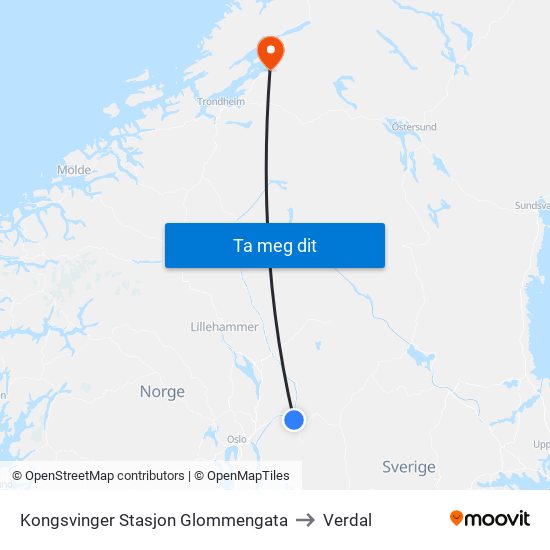 Kongsvinger Stasjon Glommengata to Verdal map