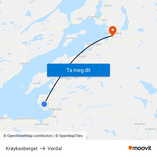 Krøykesberget to Verdal map