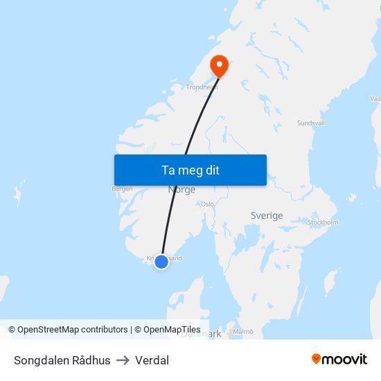 Songdalen Rådhus to Verdal map
