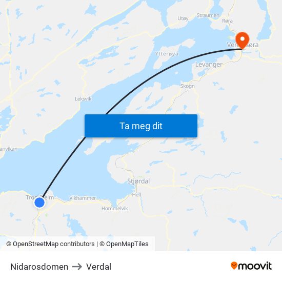 Nidarosdomen to Verdal map