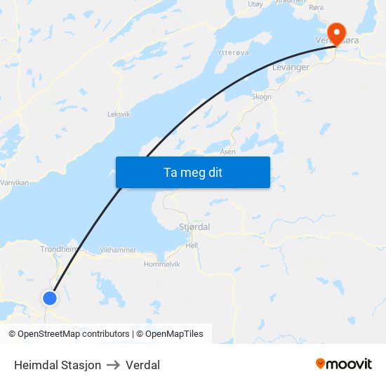 Heimdal Stasjon to Verdal map