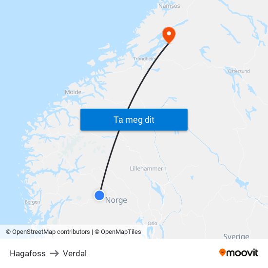 Hagafoss to Verdal map