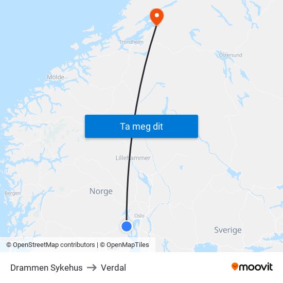 Drammen Sykehus to Verdal map