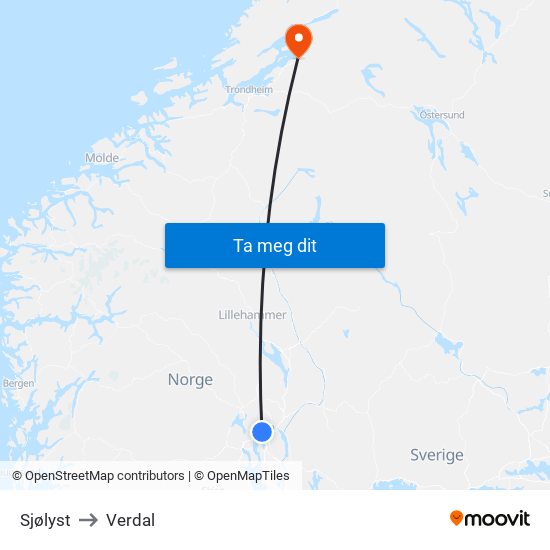 Sjølyst to Verdal map