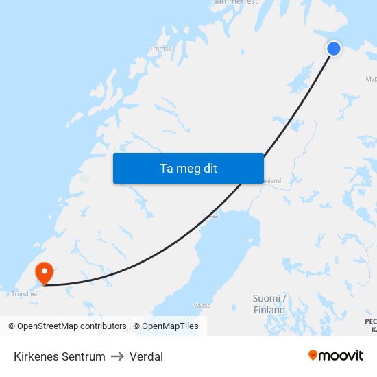 Kirkenes Sentrum to Verdal map