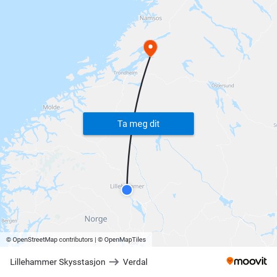 Lillehammer Skysstasjon to Verdal map