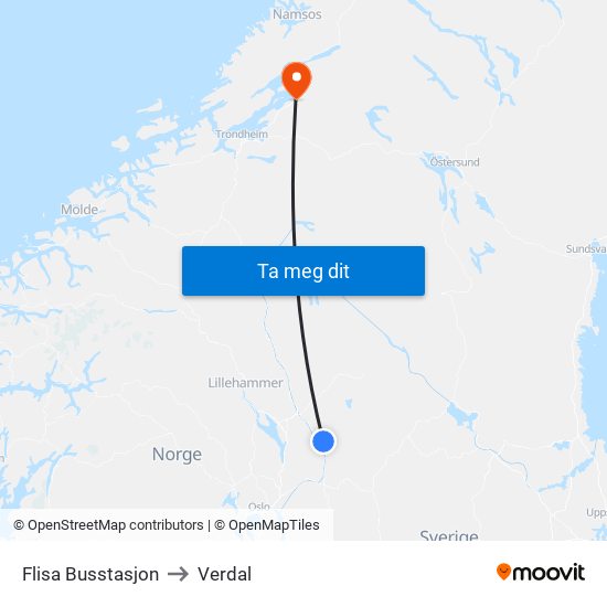 Flisa Busstasjon to Verdal map