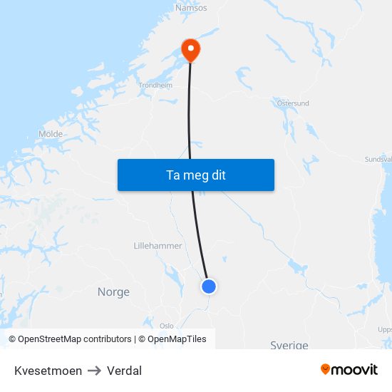 Kvesetmoen to Verdal map