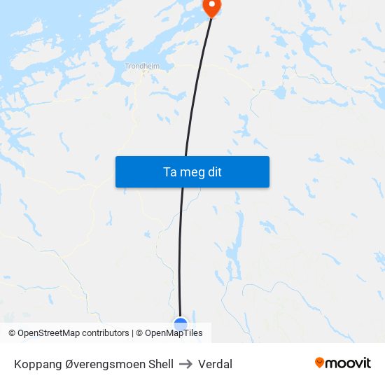 Koppang Øverengsmoen Shell to Verdal map