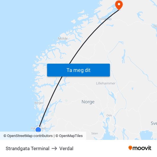 Strandgata Terminal to Verdal map