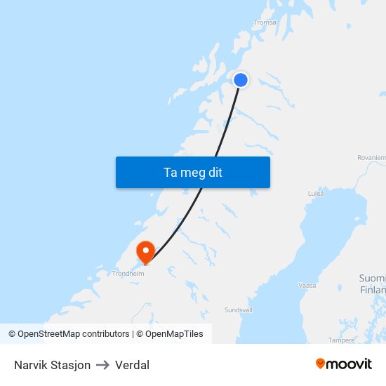 Narvik Stasjon to Verdal map