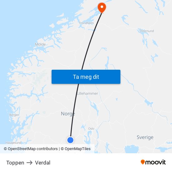Toppen to Verdal map