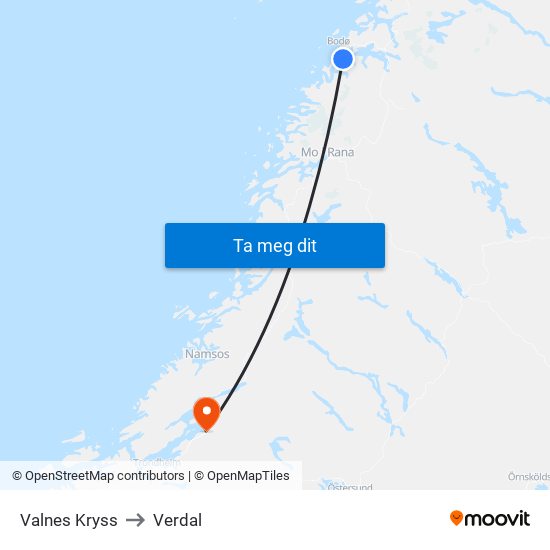 Valnes Kryss to Verdal map