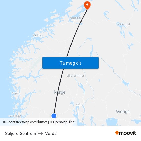 Seljord Sentrum to Verdal map