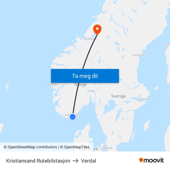 Kristiansand Rutebilstasjon to Verdal map