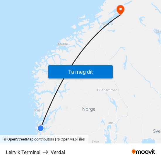 Leirvik Terminal to Verdal map