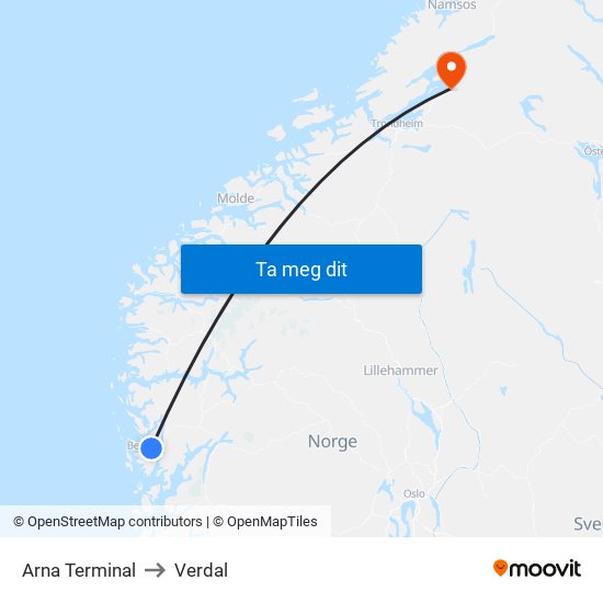 Arna Terminal to Verdal map