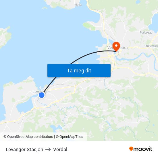 Levanger Stasjon to Verdal map