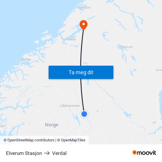 Elverum Stasjon to Verdal map
