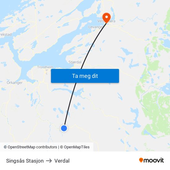 Singsås Stasjon to Verdal map