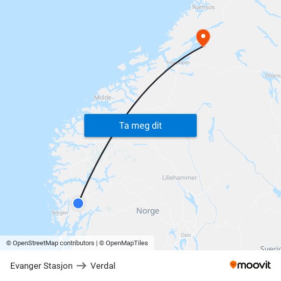 Evanger Stasjon to Verdal map