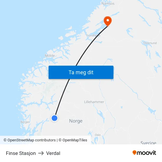 Finse Stasjon to Verdal map