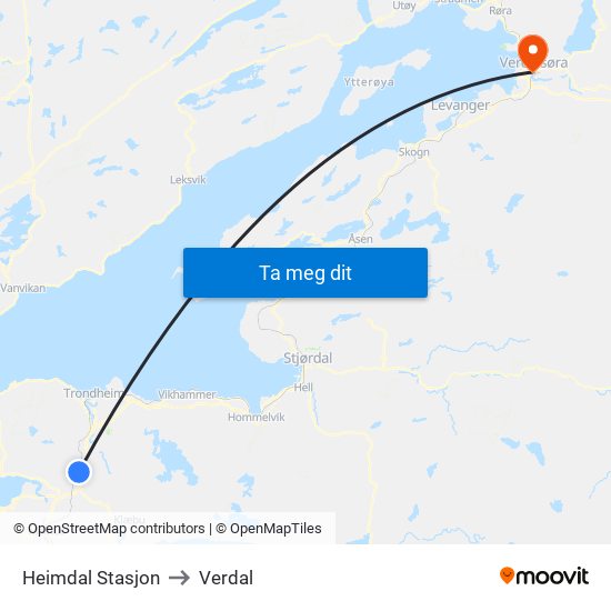 Heimdal Stasjon to Verdal map