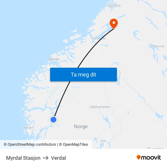 Myrdal Stasjon to Verdal map