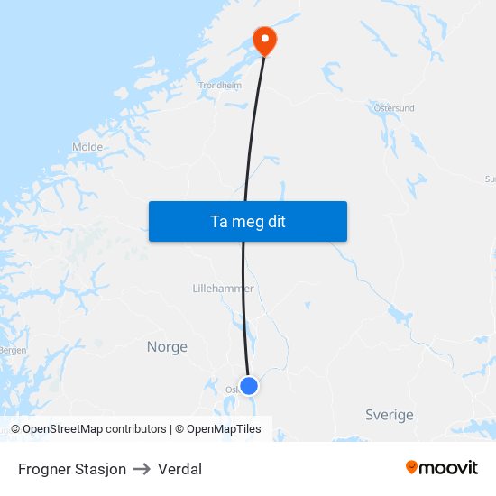 Frogner Stasjon to Verdal map