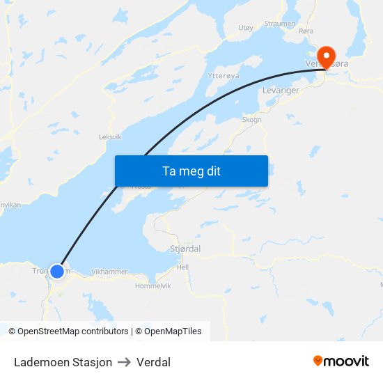 Lademoen Stasjon to Verdal map