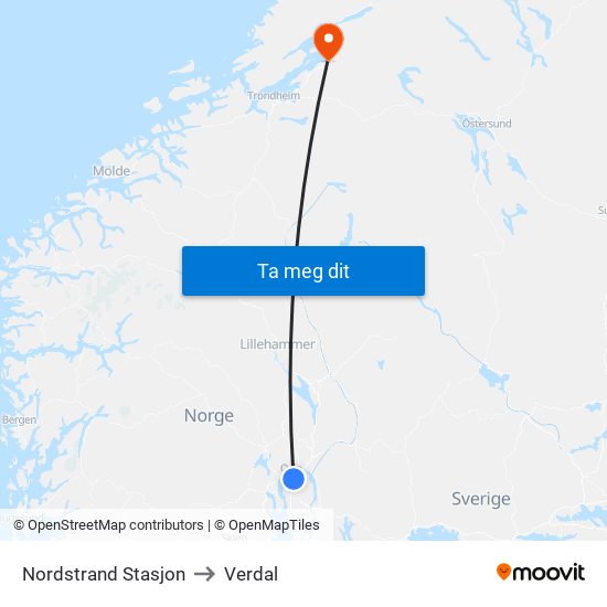 Nordstrand Stasjon to Verdal map