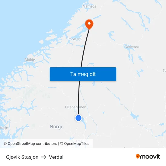 Gjøvik Stasjon to Verdal map