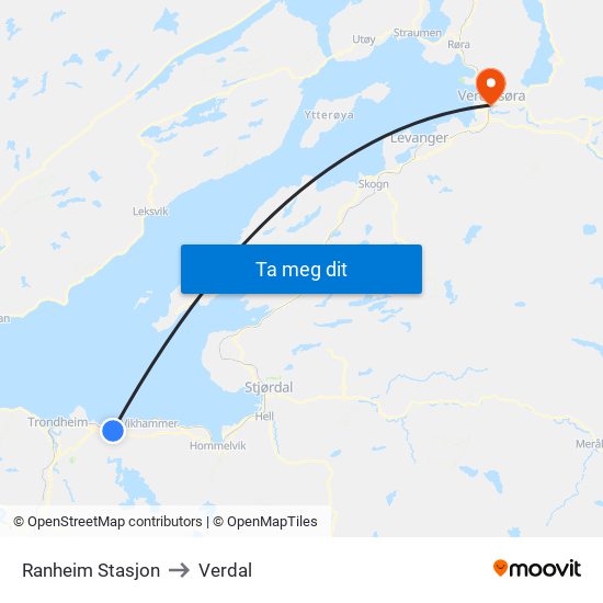Ranheim Stasjon to Verdal map