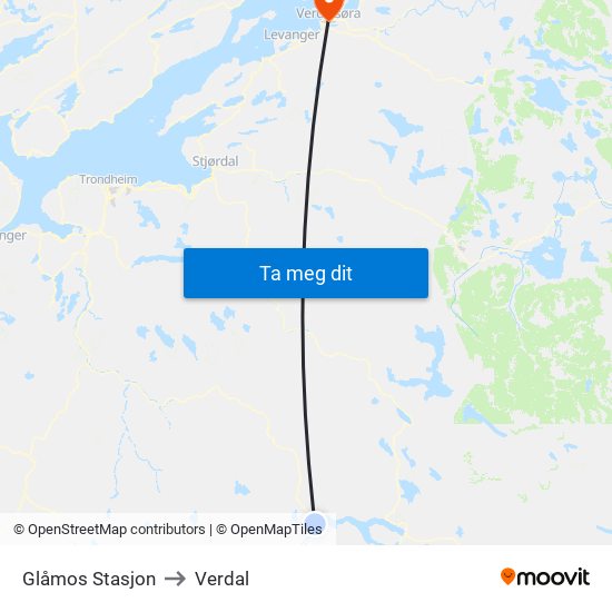 Glåmos Stasjon to Verdal map