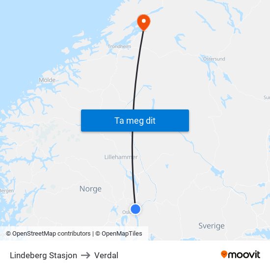 Lindeberg Stasjon to Verdal map