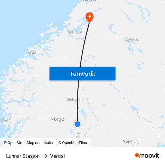 Lunner Stasjon to Verdal map