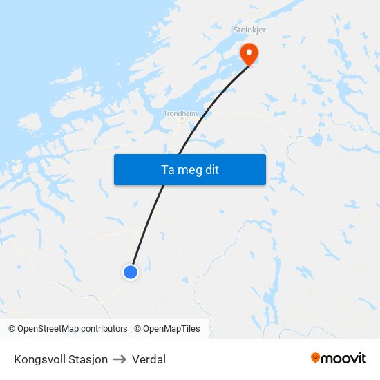 Kongsvoll Stasjon to Verdal map