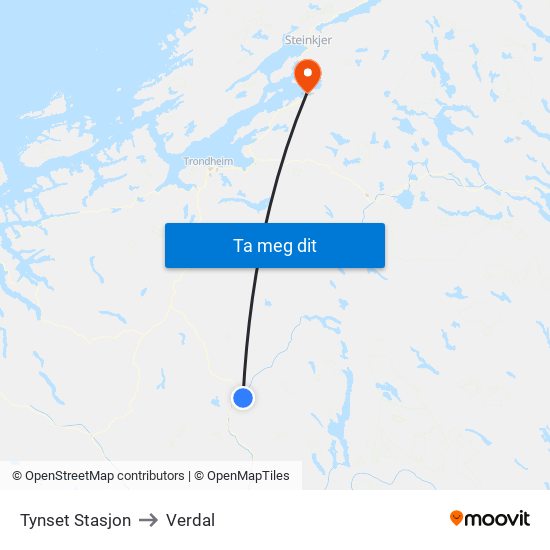 Tynset Stasjon to Verdal map