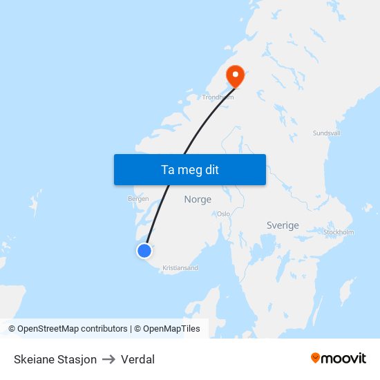 Skeiane Stasjon to Verdal map