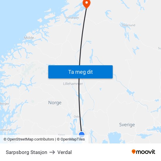 Sarpsborg Stasjon to Verdal map