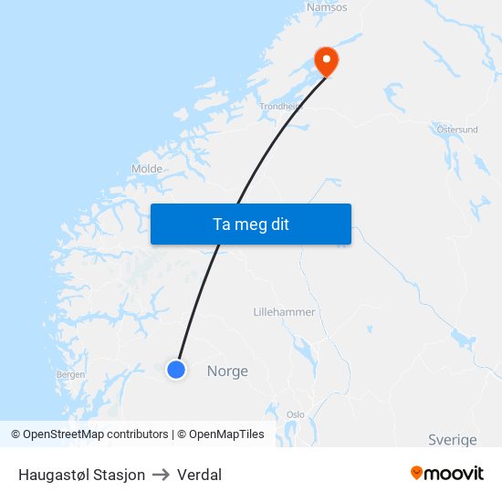Haugastøl Stasjon to Verdal map