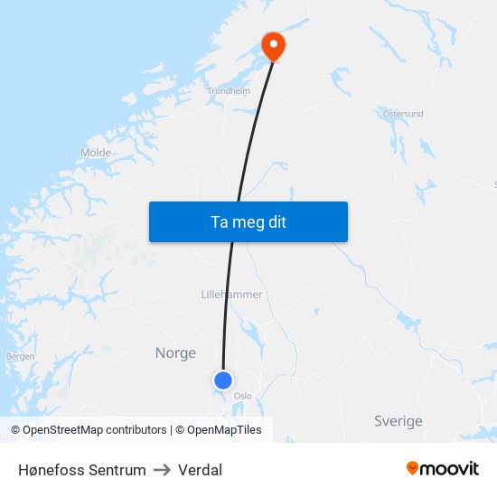 Hønefoss Sentrum to Verdal map