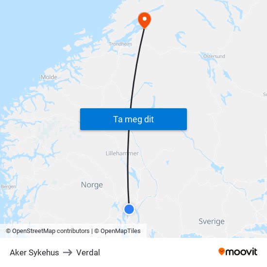 Aker Sykehus to Verdal map