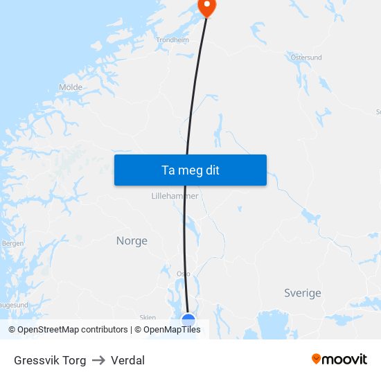 Gressvik Torg to Verdal map